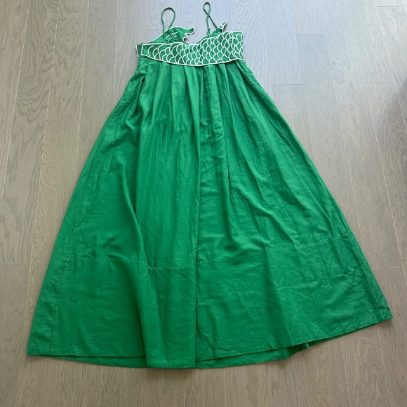 Farm Rio Green Fish Top Maxi Midi Dress Linen White - With Tags - Size Medium - Picture 3 of 12